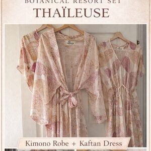 THAILEUSE Franco Thai Leaf Print Kaftan + Kimono Robe Set Boho Resort Vacation